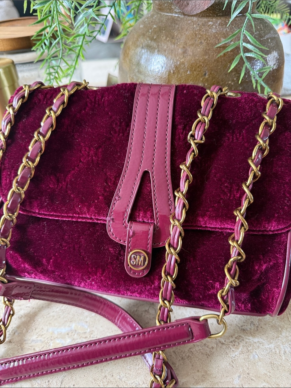 Steve Madden Burgundy Velvet Crossbody Shoulder Bag Brass Chain
